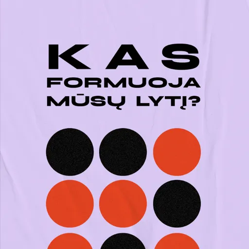 Kas formuoja mūsų lytį? Lithuanian educational poster with bold black title on a light purple background and a grid of black and orange circles.