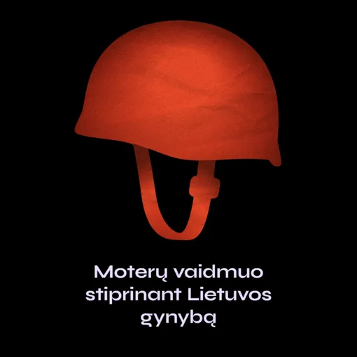 Raudonas karinis šalmas juodame fone – „Moterų vaidmuo stiprinant Lietuvos gynybą" plakatas